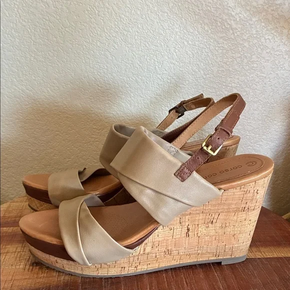 CORSO COMO Tan Wedge Sandals, leather & cork, slingback. 8.5M - Picture 3 of 15